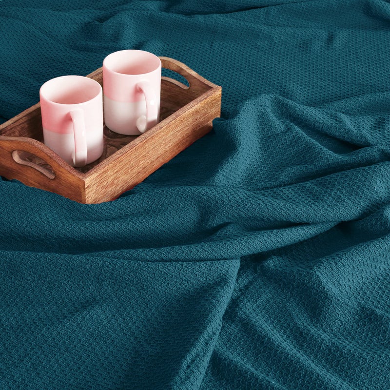 BOUTIQUO 100% Cotton Bed Blanket  Breathable Thermal Blanket Twin Size  Soft Honeycomb Waffle Blanket 60""x90""  Cotton Bed Blanket  Perfect for Layering Any Bed for All Season  Teal - Image 2